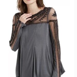 Free People Gray Sheer Embroidered Blouse
